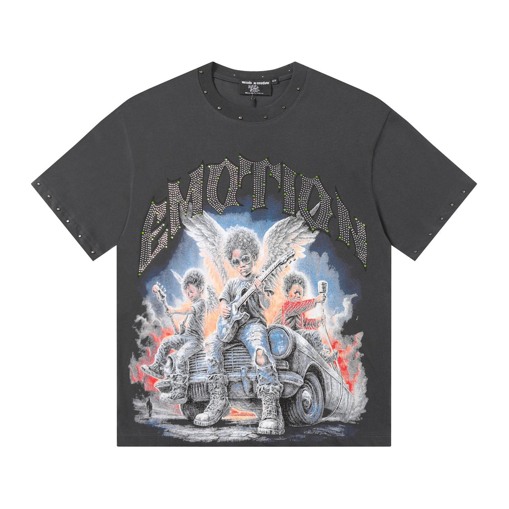MIXED EMOTION Studded Angel Graphic T-Shirt