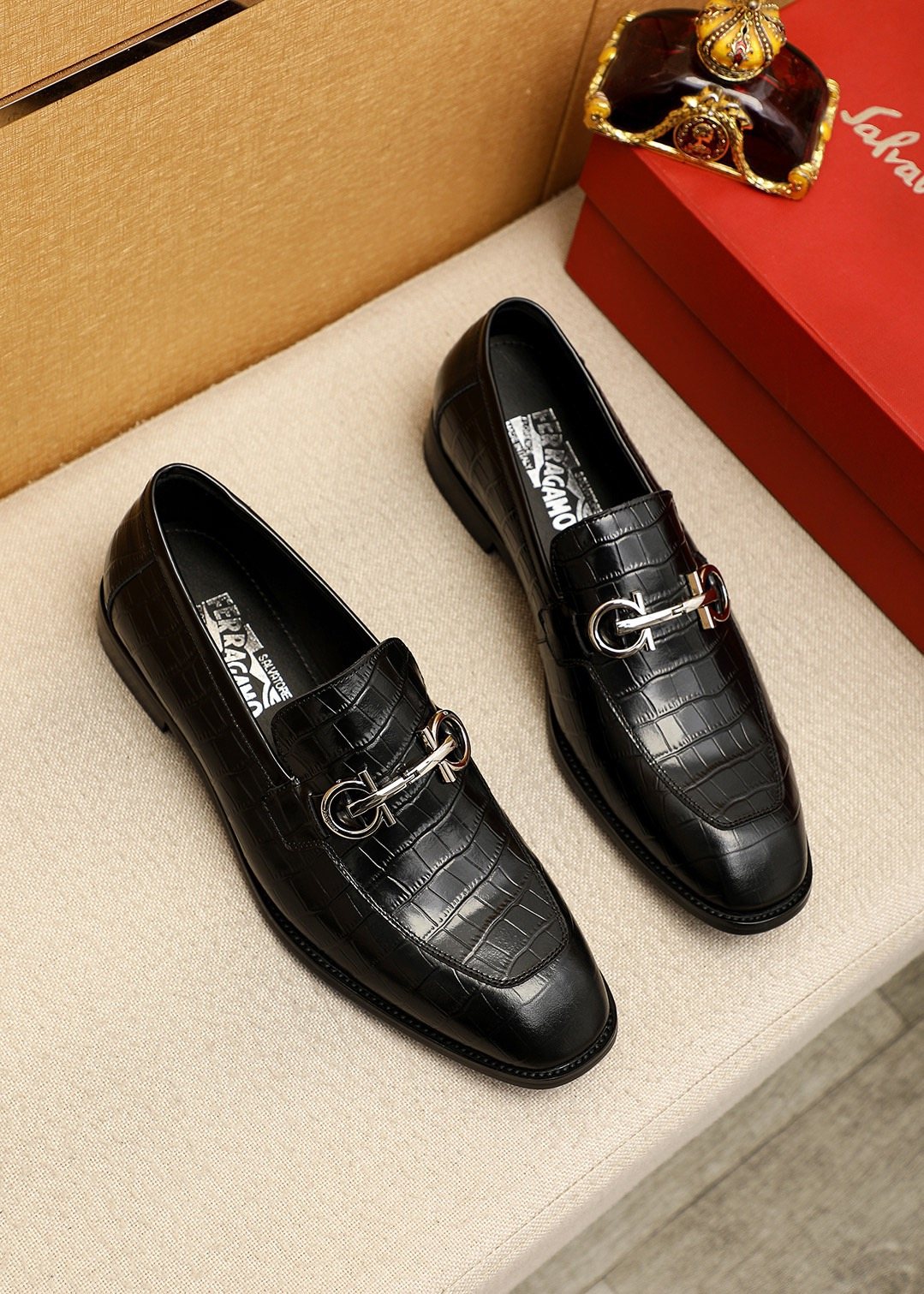 Ferragamo Men's Black Embossed Buckle Loafers - Silver-Tone Hardware